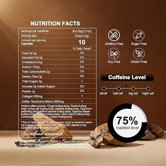 SUNDAFONE Mushroom Coffee with Grass-Fed Collagen, Mullein,Lion's Mane, Reishi and 10 Adaptogenic Mushrooms; Super Instant Cold Brew Protein Iced Coffee Blend; 0g of Sugar, Low Caffeine, 30 Servings