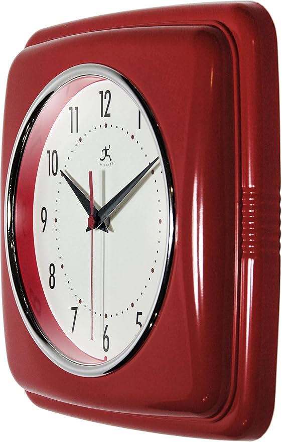 Infinity Instruments Square Silent Retro 9 inch Mid Century Modern Kitchen Diner Retro Wall Clock Quartz Sweep Movement (Red)