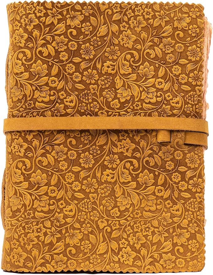 LEATHER VILLAGE Leather Bound Floral Embossed Journal for Women Men - 200 Pages, 8”X6”(A5), Sun Tan - Book of Shadows, Vintage Blank Paper Travel Diary, Notebook for Writing, Drawing, Sketchbook