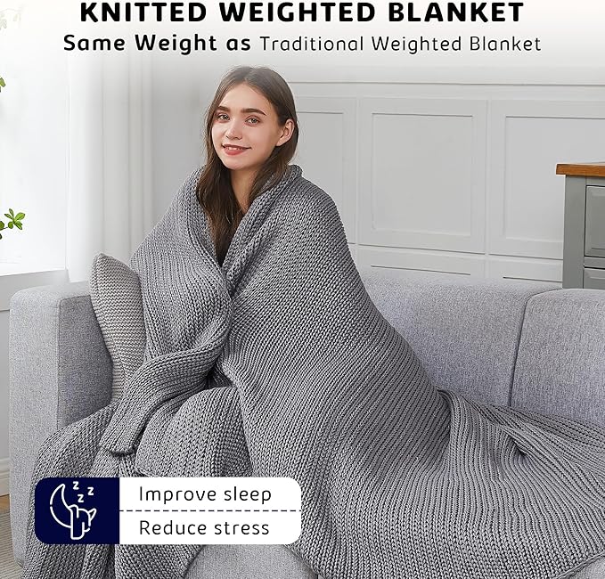 L'AGRATY Knitted Weighted Blanket - 48"x72" 15lbs Cooling Chunky Knit Heavy Blanket for Adults Braided Crochet Throw Thick Cable Yarn Knit Decorative Blanket No Beads Evenly Weighted Machine Washable