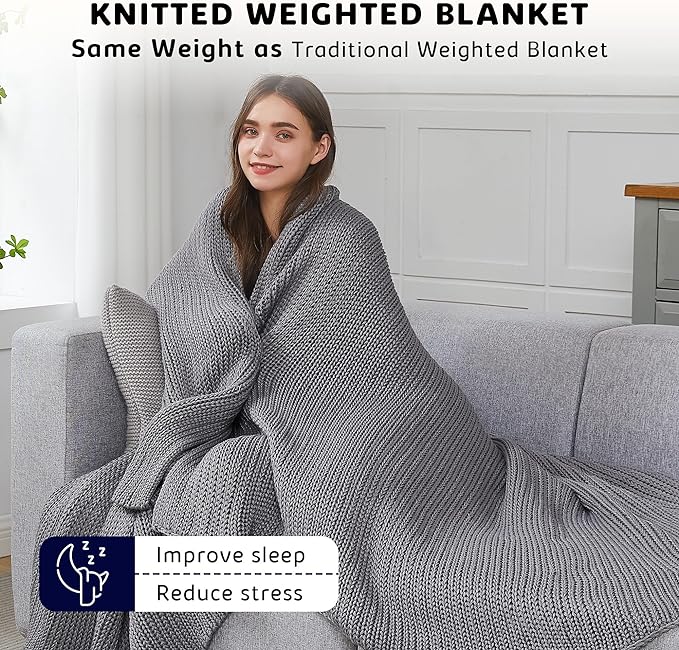 L'AGRATY Knitted Weighted Blanket - 48"x72" 20lbs Cooling Chunky Knit Heavy Blanket for Adults Braided Crochet Throw Thick Cable Yarn Knit Decorative Blanket No Beads Evenly Weighted Machine Washable