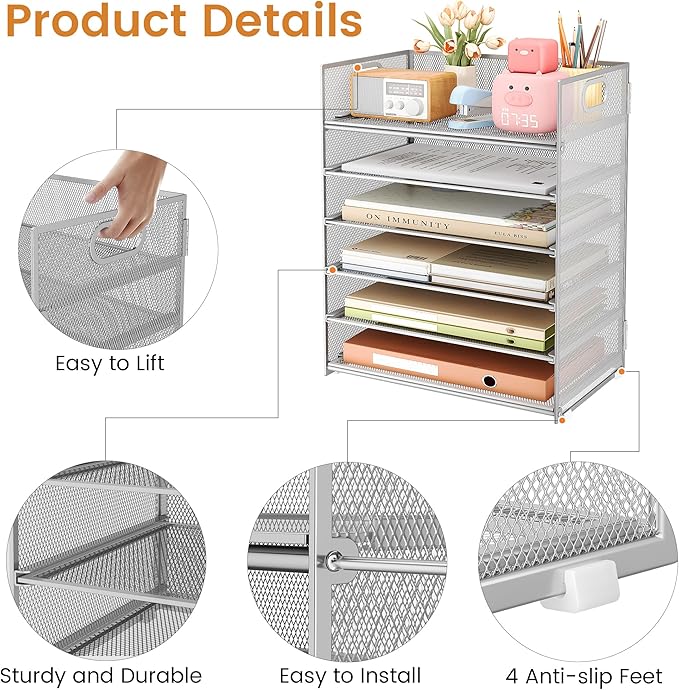 Subekyu 6 Tier Paper Organizer for Desk with Handle, Metal Mesh Desk Office File Folder Paper Letter Tray Accessories Organizer Sorter for Home, School, Office Desktop Document Organization - Silver