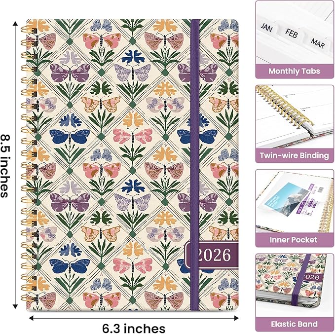 2026 Planner, Monthly and Weekly Calendar Planner for Women, January 2026 - December 2026, Hardcover Pretty 2026 Agenda Planner Book with Tabs, Spiral Bound, Perfect for School Office Home Supplies, 6.3" x 8.5" - Butterfly Patchwork