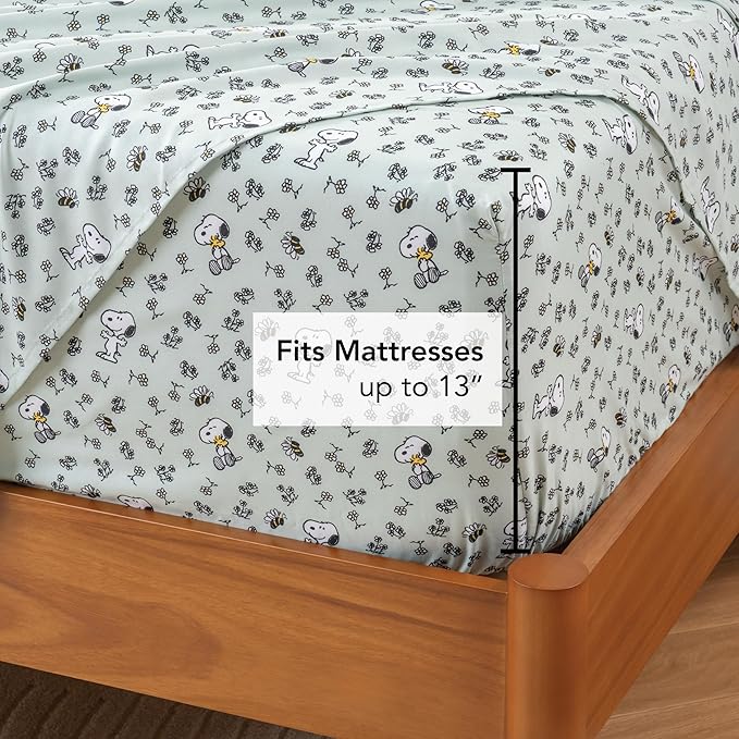 Berkshire Blanket Peanuts® Kids Sheet Set Queen Size - 4 Pieces,Cute Character Snoopy Printed Soft Microfiber Bed Sheets,Mini Snoopy & Woodstock New Flower and Bees Sage