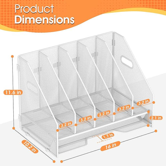 Desk File Folder Holder Organizer-5 Vertical Compartments Racks and Paper Letter Tray,Mesh Magazine File Holder Sorter,Desktop Accessories & Workspace Organizers for Home,Office,School-White