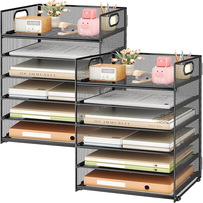 Subekyu 2-Pack 6-Tier Paper Tray Organizer for Desk - Black Mesh File Folder Sorter with Handles, Desk Letter Holder for Office, Home, School Supplies Storage & Organization