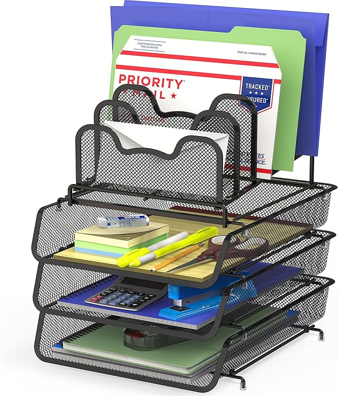 Simple Houseware 3-Tier Stackable Desk Organizer with 5 Compartments - Letter Tray and Step File Sorter, Black