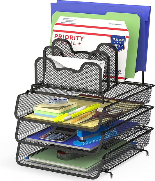 Simple Houseware 3-Tier Stackable Desk Organizer with 5 Compartments - Letter Tray and Step File Sorter, Black