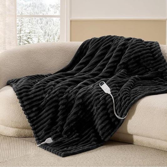 Bedsure Heated Blanket Electric Throw - Thick Striped Flannel Electric Blanket, Heating with 4 Time Settings, 6 Heat Settings, and 3-Hour Timer Auto Shut Off, Gift for Grandma (50x60 inches, Black)