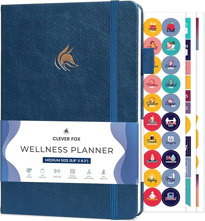 Clever Fox Wellness Planner - Weekly & Daily Health and Wellness Log, Food Journal & Meal Planner Diary for Calorie Counting, Notebook for Medical Condition Tracking, A5-Sized - Mystic Blue