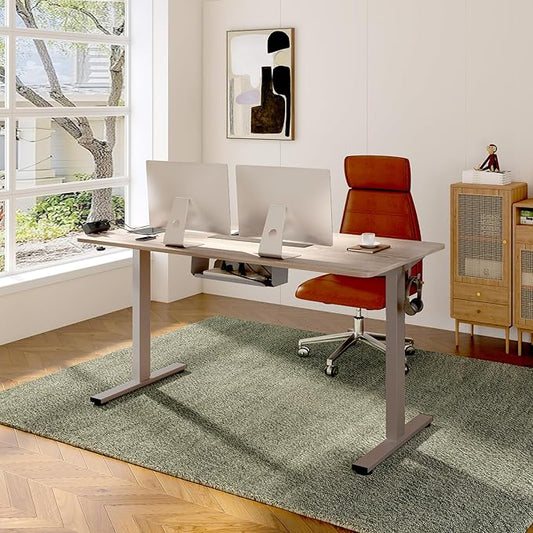 FLEXISPOT EN2 Whole-Piece Standing Desk with Clamp Power Strip, 48 x 30 Electric Stand Up Height Adjustable Desk with Cable Management (Gray Frame + 48" Gray Wood Grain Desktop, 2 Packages)