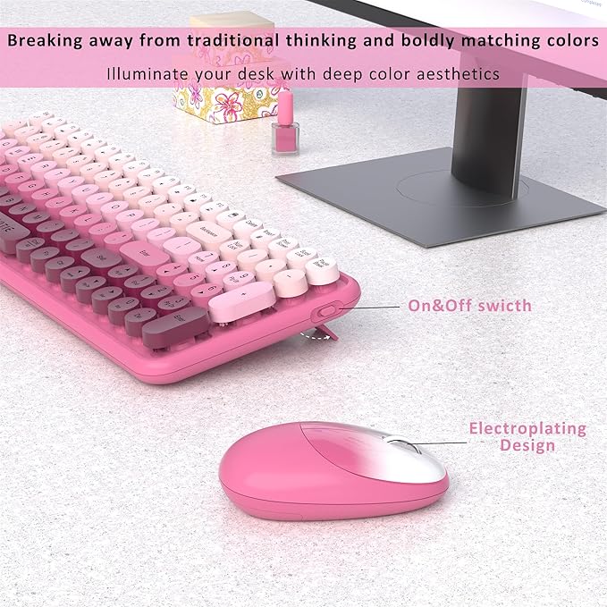 Wireless Keyboards and Mouse Combos, UBOTIE Colorful Gradient Rainbow Colored Retro Typewriter Flexible Keyboard, 2.4GHz Connection and Optical Mouse(Rosy Gradient)