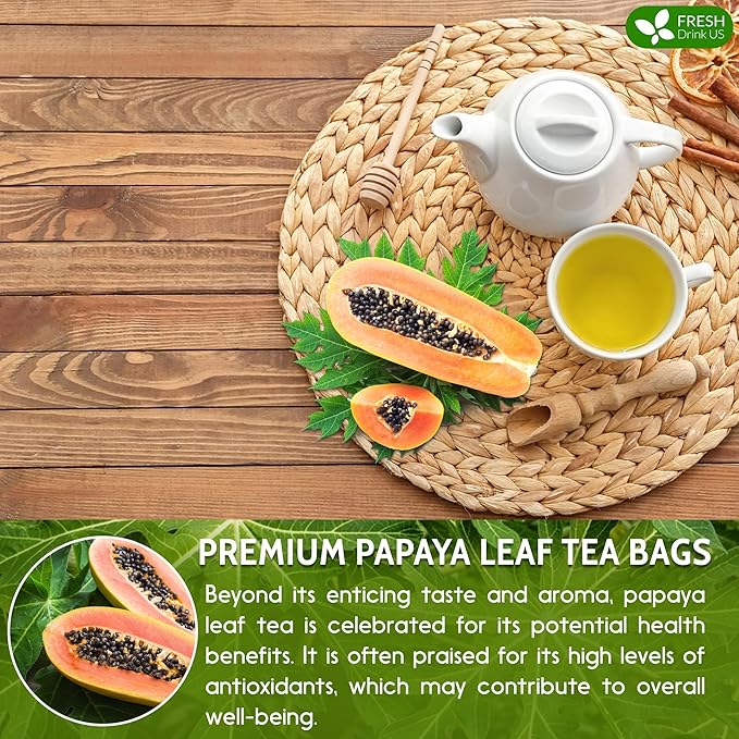 FreshDrinkUS, Premium 75 Papaya Leaf Tea Bags, 100% Natural & Pure from Papaya Leaves. Loose Leaf Papaya Herbal Tea. Made with Natural Material Tea Bags. No Sugar, No Caffeine, No Gluten, Vegan.