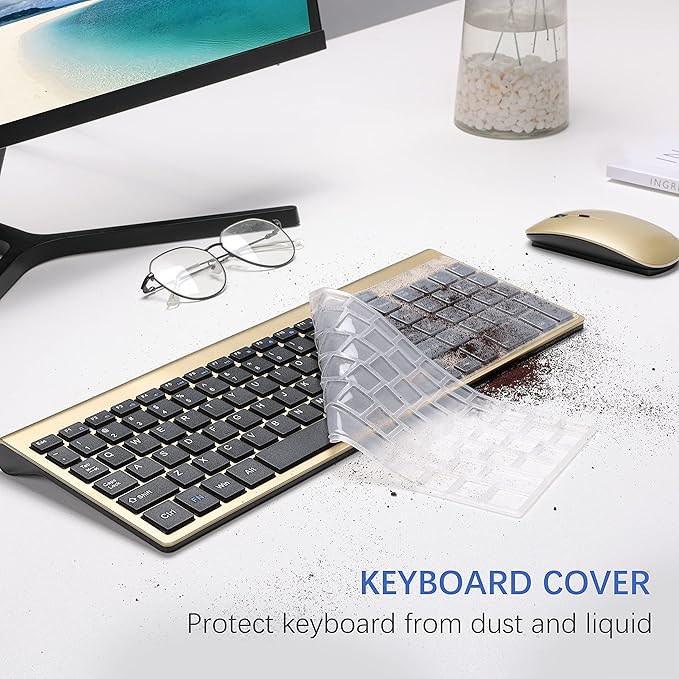 Wireless Keyboard and Mouse Ultra Slim Combo, TopMate 2.4G Silent Compact USB 2400DPI Mouse and Scissor Switch Keyboard Set with Cover, 2 AA and 2 AAA Batteries, for PC/Laptop/Windows/Mac - Gold Black