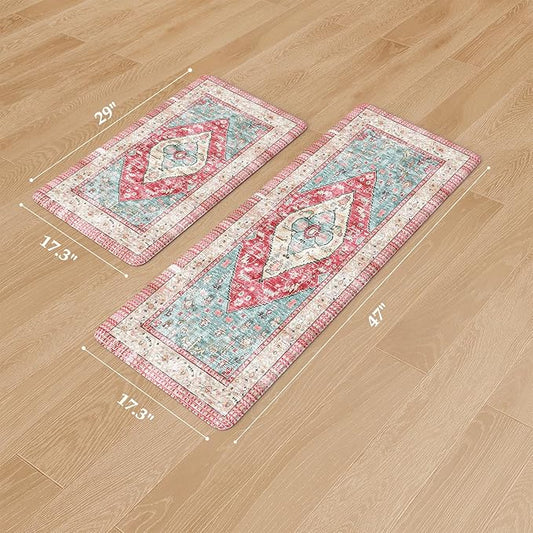 KIMDOE Kitchen Rugs and Mats 2PCS Cushioned Anti Fatigue Kitchen Mat Non-Skid Waterproof Kitchen Runner Rug for Kitchen Decor,Floors,Office,Laundry,Rose Red