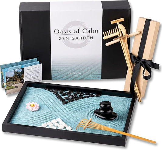 Oasis of Calm Zen Garden Kit. 11x8 Inch Beautiful Premium Japanese Decor Mini Meditation Gifts Set. Home, Office Desk Accessories. Zen Decor Sand Garden. Aqua Blue Sand, 6 Tools, 6 Features incl rocks