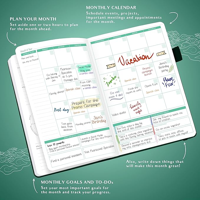 Legend Weekly Colorful Planner 2nd Edition – Undated Life & Work Agenda Journal for Time Management, Goal Setting, Productivity, 5.8 ″x8.3″, Hardcover – Dark Green Gold Foil