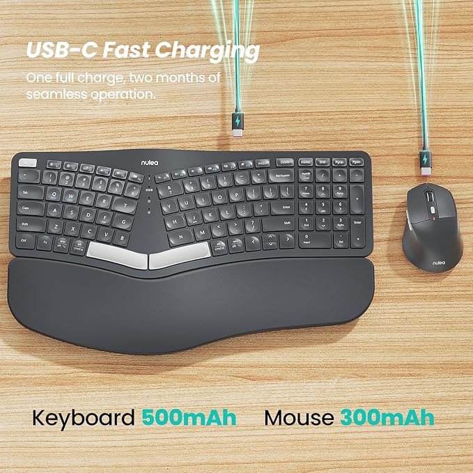 Nulea KM75 Wireless Keyboard and Mouse Combo, Comfortable Natural Typing, Palm Rest, Multi-Device (Bluetooth, 2.4G, Wired), Rechargeable, for Multi-OS, Windows, Mac, Android