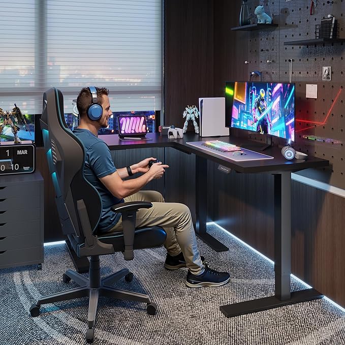 SANODESK L Shaped Standing Desk Adjustable Height, Electric Corner Standing Desk, 63 x 55 inch Sit Stand Computer Table with Splice Board, Black