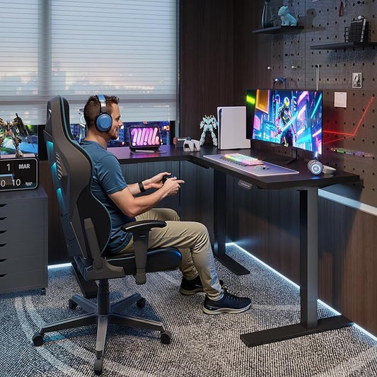 SANODESK L Shaped Standing Desk Adjustable Height, Electric Corner Standing Desk, 63 x 55 inch Sit Stand Computer Table with Splice Board, Black