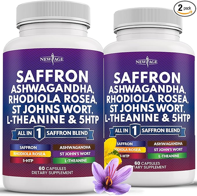 NEW AGE Saffron Supplements with Ashwagandha - Support with L-Theanine, Ginkgo Biloba, St. John's Wort, Rhodiola Rosea & 5-HTP - Saffron 120 Count