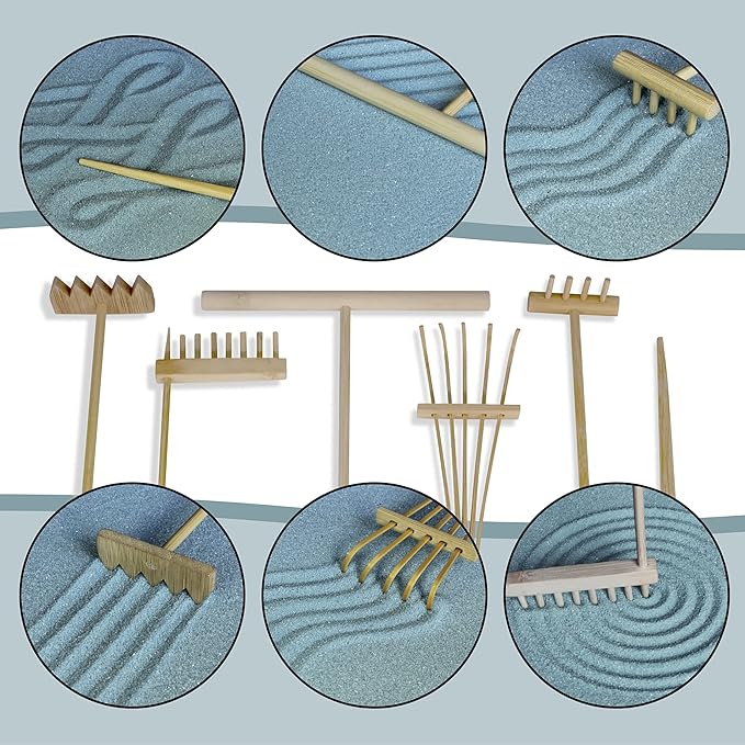 Oasis of Calm Zen Garden Kit. 11x8 Inch Beautiful Premium Japanese Decor Mini Meditation Gifts Set. Home, Office Desk Accessories. Zen Decor Sand Garden. Aqua Blue Sand, 6 Tools, 6 Features incl rocks