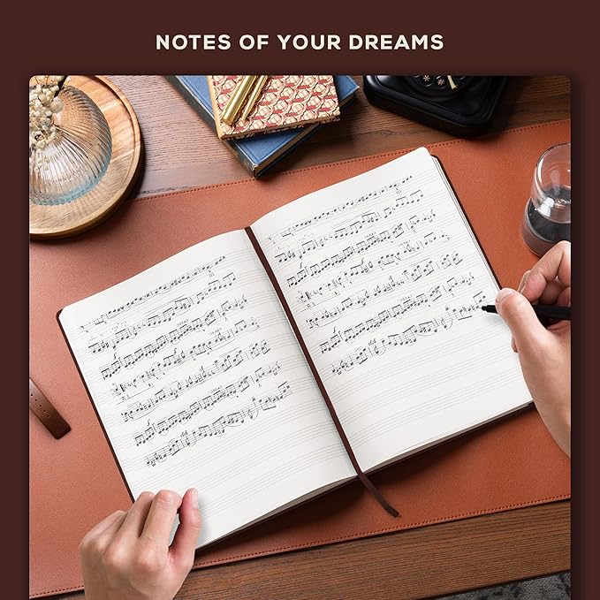BEECHMORE BOOKS Blank Sheet Music Notebook – A4 8.5x11.5 for Songwriters, Musicians & Composers, 156 Thick 120gsm Pages, 10-Staff Perforated Sheets, Vegan Leather Hardcover, Elastic Closure, Gift Box