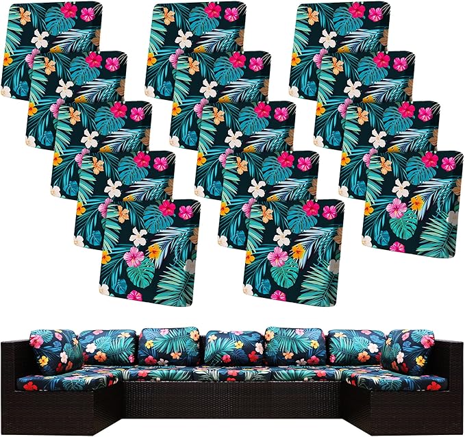 14Pcs Stretch Patio Cushion Covers,Outdoor Couch Covers Replacement,Outdoor Couch & Sofa Slipcovers,for Patio Furniture Cushion Covers,Washable Reusable Furniture Protector (Summer Night,Cover Only)