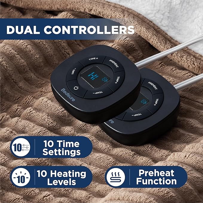 Bedsure GentleSoft Electric Blanket King Size - Soft Ribbed Flannel Heated Blanket with Dual Control, Heating with 10 Heat Settings & 10 Time Settings, 8 hrs Timer Auto Shut Off (90x100 inches, Brown)