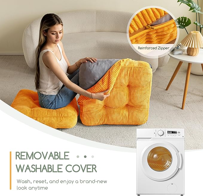 Washable Floor Pillow Cushion for Adults, Meditation Cushion Pillow, Large Square Floor Sitting, Removable Tufted Corduroy Cover, for Tatami Living Room or Yoga, 22x22 Inch, 2Pack, Machine Washable