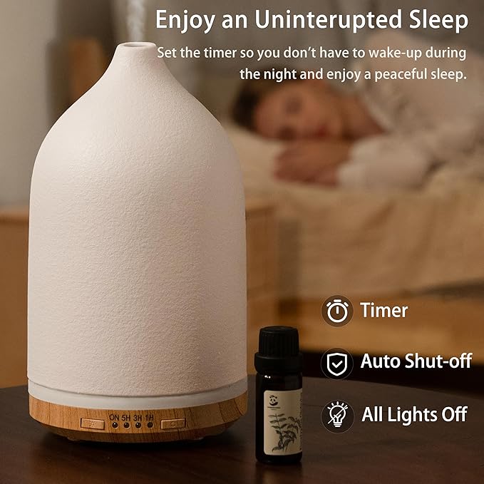 BOXING 250ML Esseantial Oil Diffuser, Ultrasonic Aromatherapy Diffusers for Home & Large Room, 7 Colors of Night Light for Bedroom, Timer, Quiet Operation, Stylish Ceramic, Auto Shut Off, White