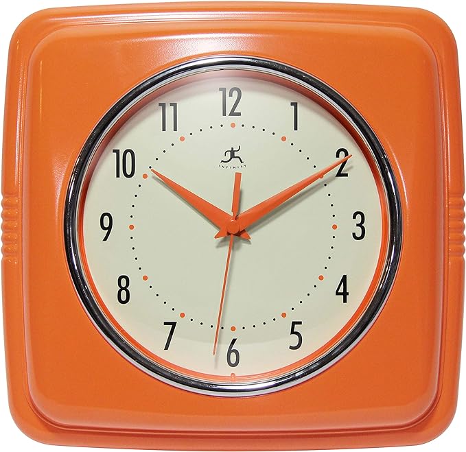 Infinity Instruments Retro – 9 Inch Square Silent Non-Ticking Mid Century Modern – Kitchen, School, Classroom – Vintage Decorative – Orange