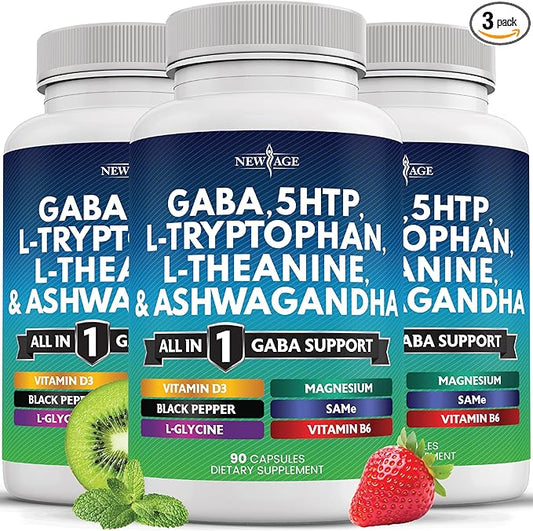 NEW AGE GABA 750mg 5 HTP 200mg L Tryptophan 500mg L Theanine 200mg Ashwagandha SAM-e L-Glycine - Vitamins for Women and Men with L-Tyrosine 5-HTP (5-Hydroxytryptophan) - 270 Count