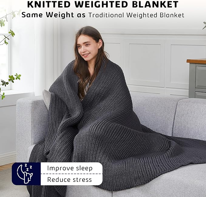 L'AGRATY Knitted Weighted Blanket - 48"x72" 15lbs Cooling Chunky Knit Heavy Blanket for Adults Braided Crochet Throw Thick Cable Yarn Knit Decorative Blanket No Beads Evenly Weighted Machine Washable