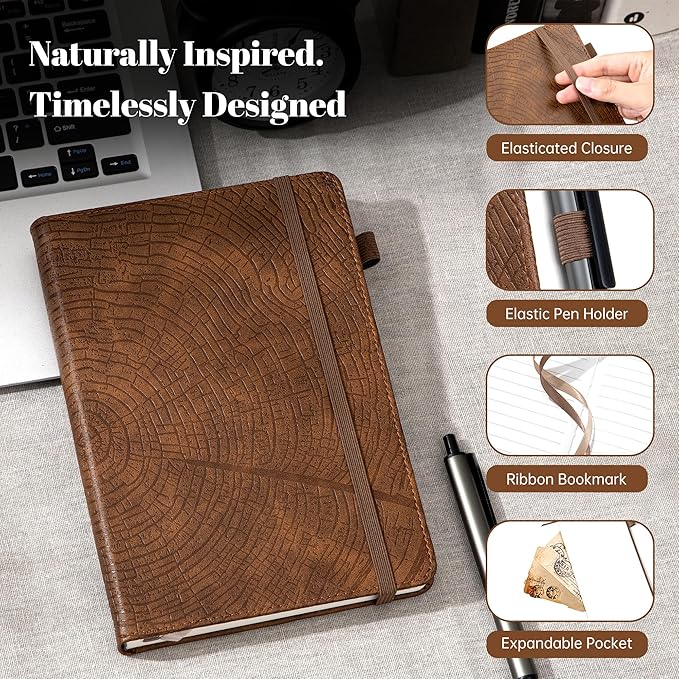 CAGIE Lined Journal for Men Women, Tree Growth Ring Leather Bound Journal Notebook, 256 Pages 100 GSM Journals for Writing, A5 Hardcover Journaling Notebooks,2 Pack (Brown & Khaki)