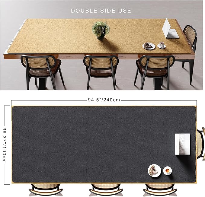 MAIDERN Cork & Leather Desk Mat – 94.5"x40" Large Office Desk Blotter Pad – Waterproof Surface Desk Blotter Pad (Black)