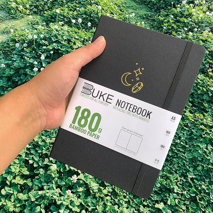 BUKE Mysterious MOON Diamond A5 Black Fabric Hardcover Dotted Notebook Dot Grid Journal 180gsm Bamboo White Paper, 5 * 5MM Dot Grid 160 Pages, Lay Flat Binding,Colored Silver Edges,Waterproof Cover