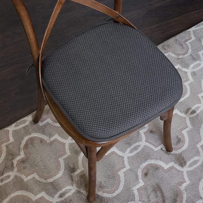 Sweet Home Collection Chair Cushion Memory Foam Pads with Ties Honeycomb Pattern Slip Non Skid Rubber Back Rounded Square 16" x 16" Seat Cover, 12 Pack, Charcoal Gray 12 Pack