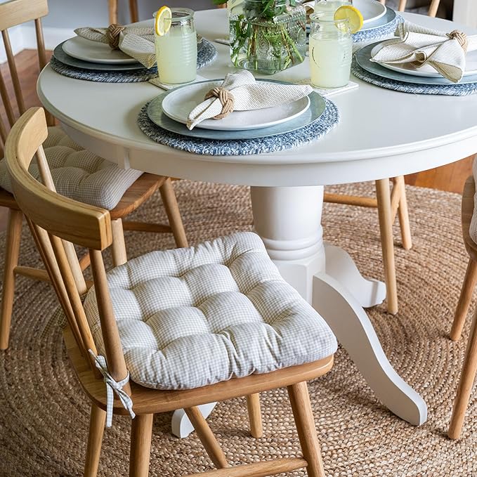 Barnett Home Decor Dining Chair Cushions with Ties – Size Medium 16.5 x 18 - Latex Foam Fill, 100% Cotton, Machine Washable Chair Pads for Kitchen Chairs, Made in USA (Madrid Natural/Pack of 2)