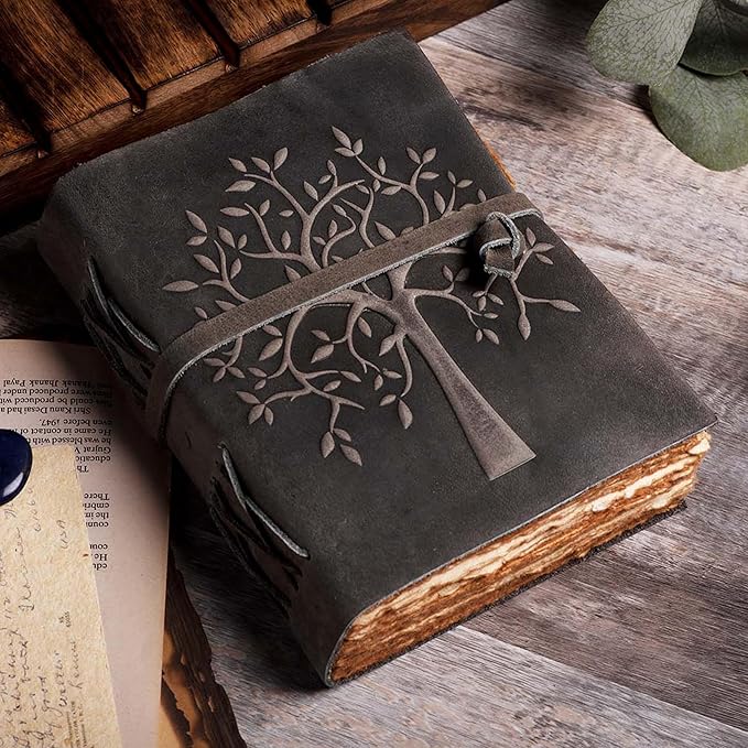 LEATHER VILLAGE Tree of Life Journal - 13 X 8 inches - Black - 200 Antique Deckle Edge Handmade Paper – Book of Shadows - Vintage Leather Bound Journal for Women & Men