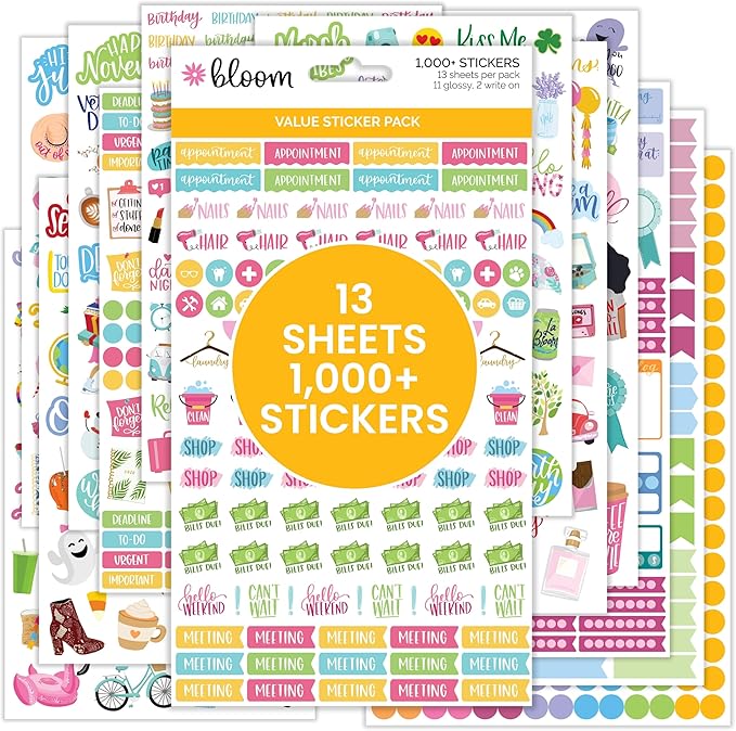 bloom daily planners Planner Sticker Value Pack (13 Unique Sheets / 1,000+ Stickers) - New Variety Assortment Bundle for Planning & Decorating