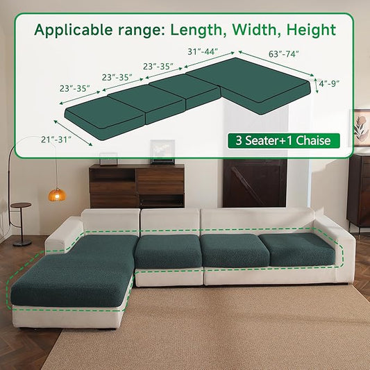 Couch Cushion Covers for Sectional Sofa, Stretch Soft Sofa Slipcovers Washable Wear-Resistant Universal Furniture Protector for Living Room(3 Seaters Covers+1 Chaise Cover, Green)