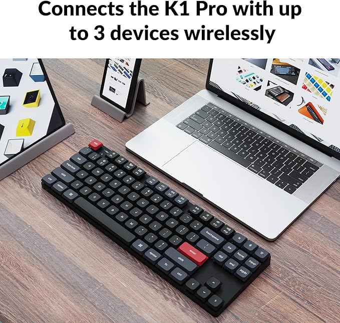 Keychron K1 Pro QMK/VIA Ultra-Slim Wireless Bluetooth/Wired USB Custom Mechanical Keyboard for Mac Windows Linux, TKL Layout Double-Shot PBT Keycaps White LED Backlight Low-Profile Gateron Red Switch