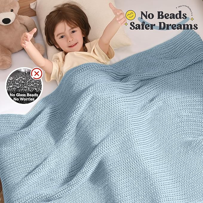 Guohaoi Knitted Weighted Blanket Kids (Haze Blue 50"x60" 10lbs) No Beads Cooling Heavy Blanket, Home Decor Breathable Chunky Knit Throw Blanket for All-Season Use