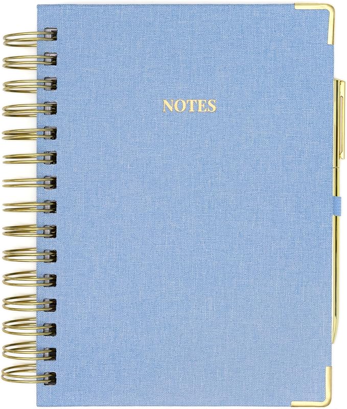 ELYN Lined Spiral Journal, Linen Hardcover Notebook with Matching Gold Gel Pen, 252 Pages, 8.2 in x 6.75 in - 100 GSM Premium Paper, Spiral Notebook for Home, Office, Notes & Gifts, (Blue)