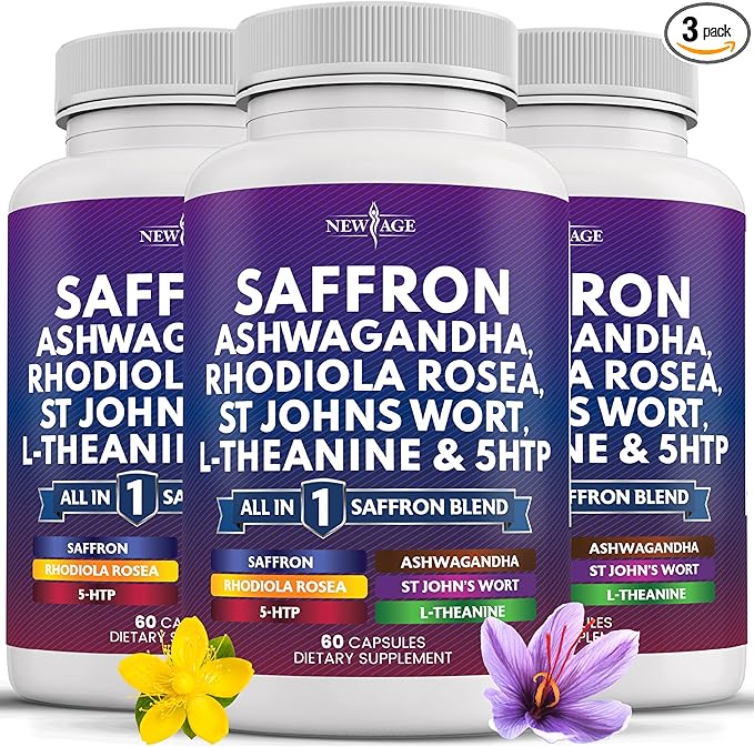 NEW AGE Saffron Supplements with Ashwagandha - Support with L-Theanine, Ginkgo Biloba, St. John's Wort, Rhodiola Rosea & 5-HTP - Saffron 180 Count