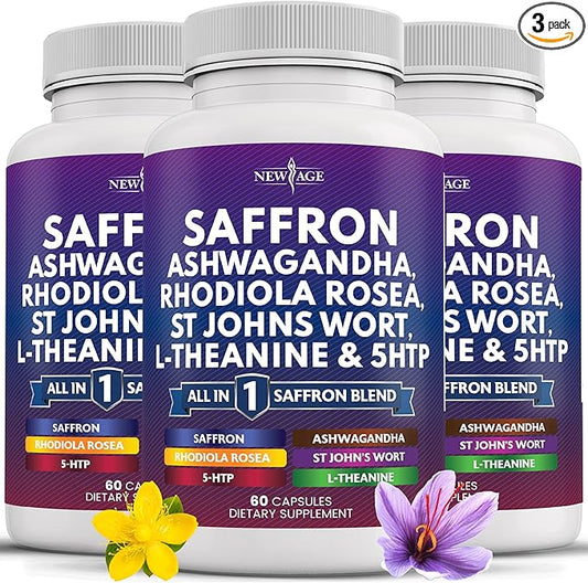 NEW AGE Saffron Supplements with Ashwagandha - Support with L-Theanine, Ginkgo Biloba, St. John's Wort, Rhodiola Rosea & 5-HTP - Saffron 180 Count
