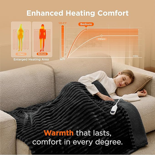 Bedsure Heated Blanket Electric Throw - Thick Striped Flannel Electric Blanket, Heating with 4 Time Settings, 6 Heat Settings, and 3-Hour Timer Auto Shut Off, Gift for Grandma (50x60 inches, Black)