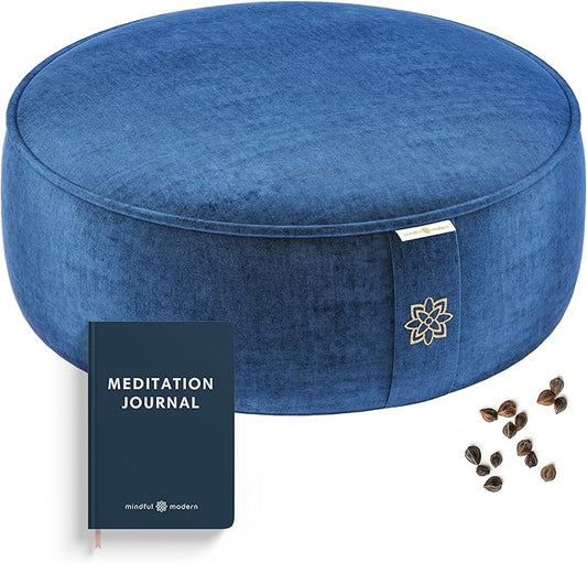 Mindful Modern Velvet Meditation Cushion | Luxe Zafu Yoga Floor Pillow Seat | Posture Support | Buckwheat Hull Filled | Large Round Cushion with Removable Washable Cover + Carry Handle