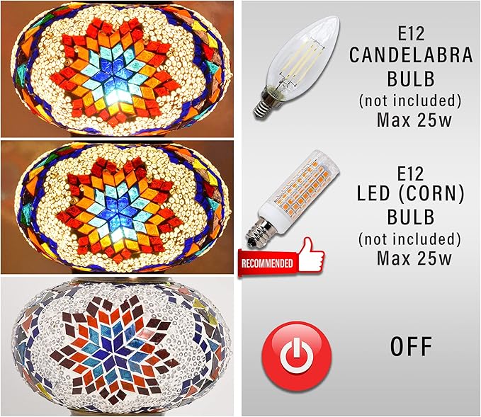 mozaist Turkish Mosaic Crescent Shape Table Lamp, Moroccan Moon Boho Handmade Desk Light, Farmhouse Rustic Living Room Decorative Lighting, Bedside Nightstand with E12 Socket & US Plug (Multicolor)